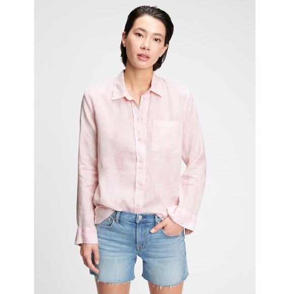 GAP Linen Boyfriend Shirt in Light Shell Pink - Picture 1 of 8